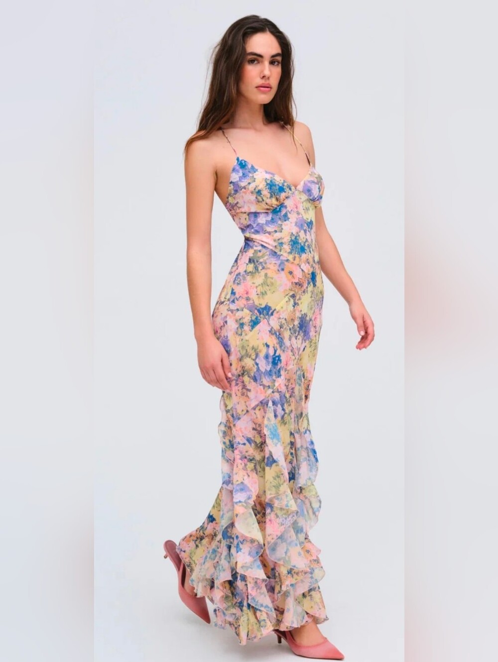 For Love & Lemons Pink Elea Floral Maxi Ruffle Dress - Picture 3 of 13